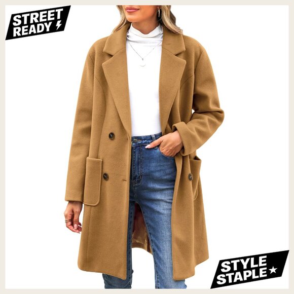 Wool Blend Double Breasted Trench Coat Notch Lapel Mid Long Winter Pea Coat